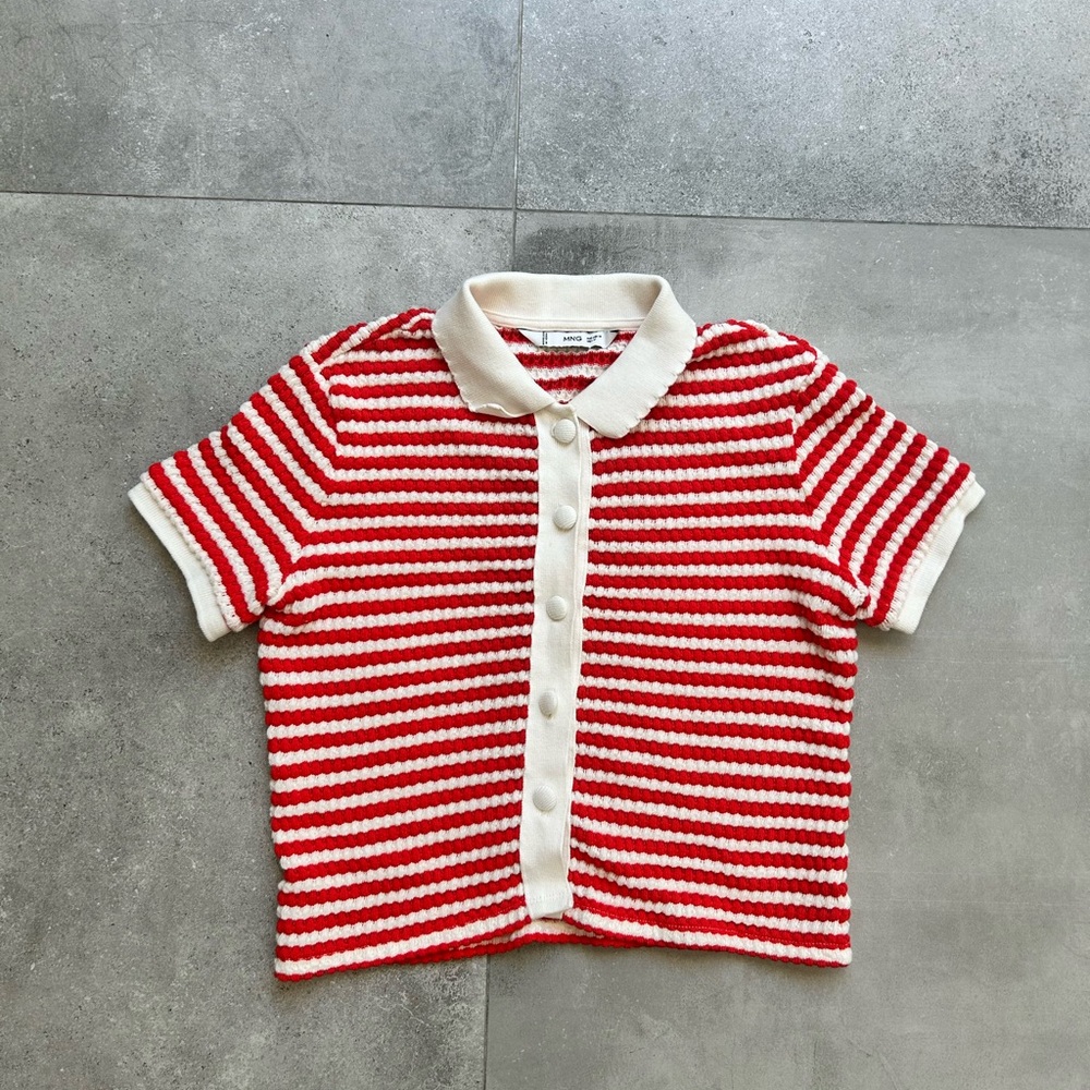 Red & White Striped Crotchet Button Top - Size Medium